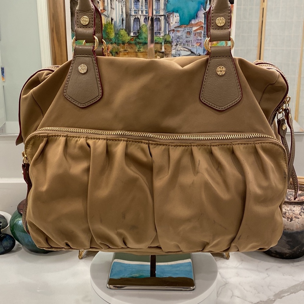 MZ Wallace Leather Trimmed Nylon Shoulder Bag, Tan/Burgandy-Edged GUC - Picture 7 of 17